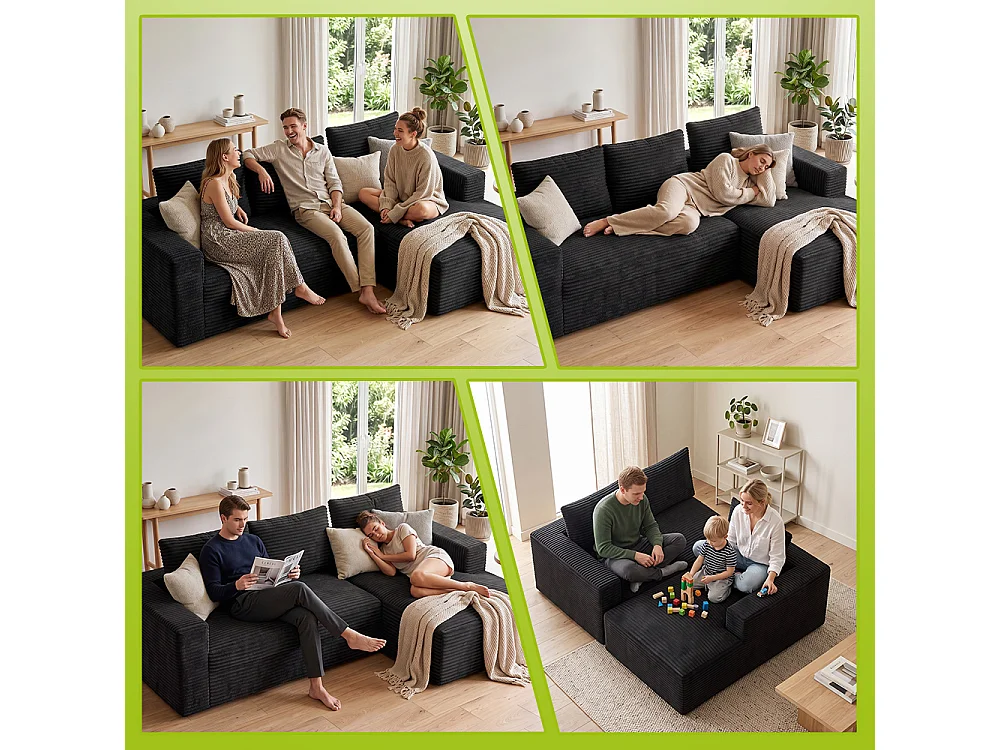 Canapé modulable en velours côtelé sans armature, en L, avec méridienne, assise profonde, base à ressorts ensachés, montage facile, pour le salon