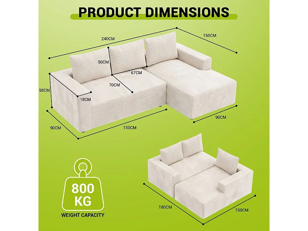Canapé modulable en velours côtelé sans armature, en L, avec méridienne, assise profonde, base à ressorts ensachés, montage facile, pour le salon