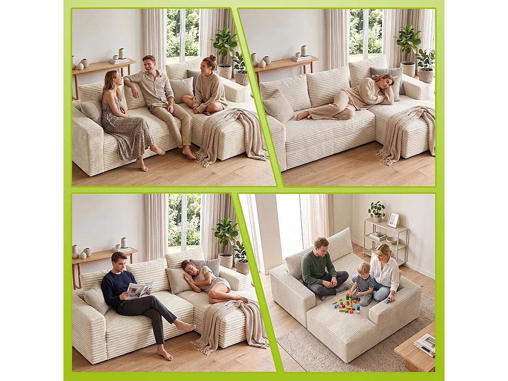 Canapé modulable en velours côtelé sans armature, en L, avec méridienne, assise profonde, base à ressorts ensachés, montage facile, pour le salon
