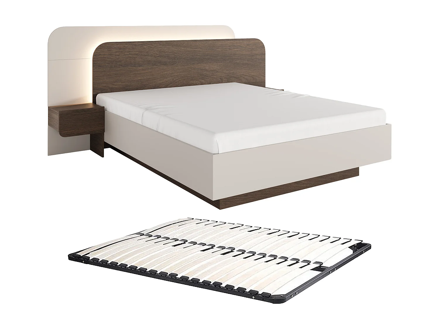 Bedframe met nachtkastjes 160 x 200 cm - Met leds - Natuurlijk donker en beige + lattenbodem - DESADO