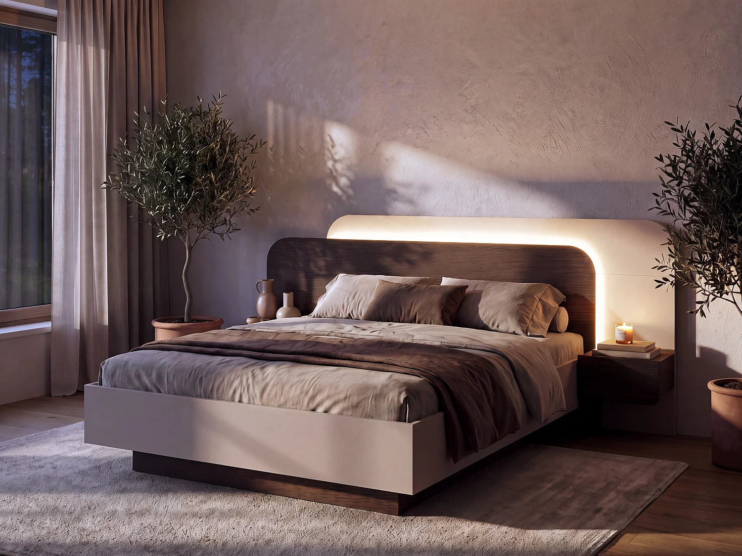 Bed met opbergruimte en nachtkastjes 160 x 200 cm - Met leds - Natuurlijk donker en beige + matras - DESADO