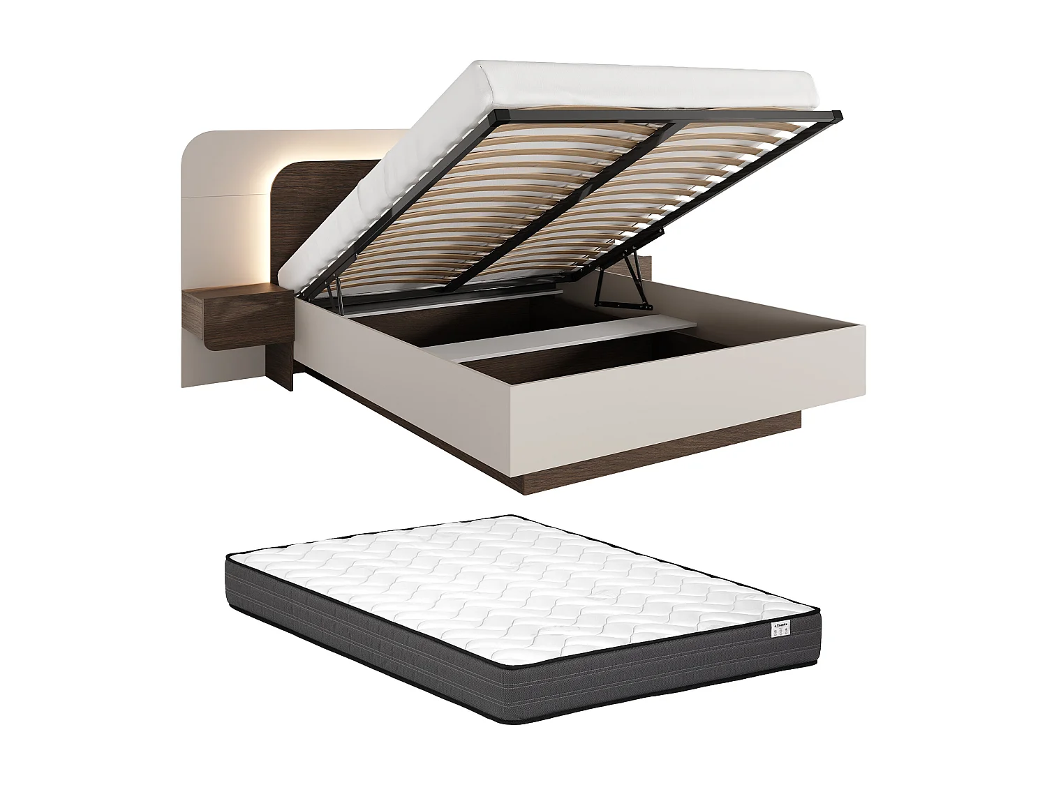 Bed met opbergruimte en nachtkastjes 160 x 200 cm - Met leds - Natuurlijk donker en beige + matras - DESADO