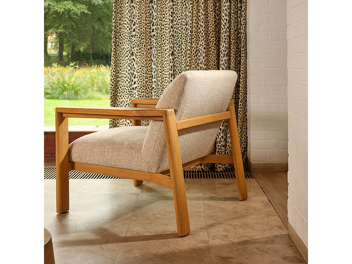 Fauteuil en mindi massif naturel et tissu texturé beige chiné GABRIEL