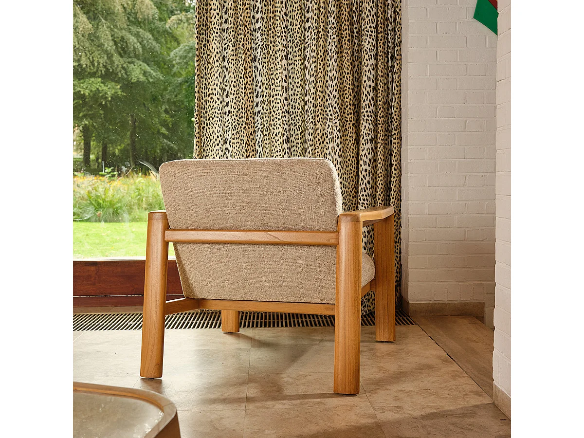 Fauteuil en mindi massif naturel et tissu texturé beige chiné GABRIEL
