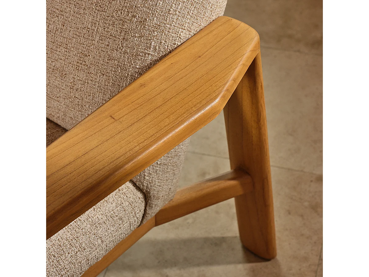 Fauteuil en mindi massif naturel et tissu texturé beige chiné GABRIEL