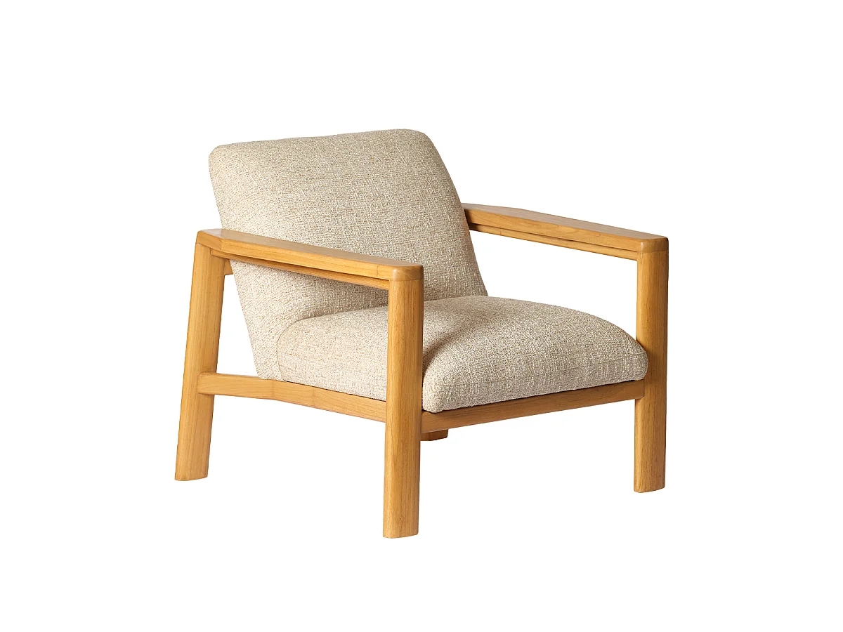 Fauteuil en mindi massif naturel et tissu texturé beige chiné GABRIEL