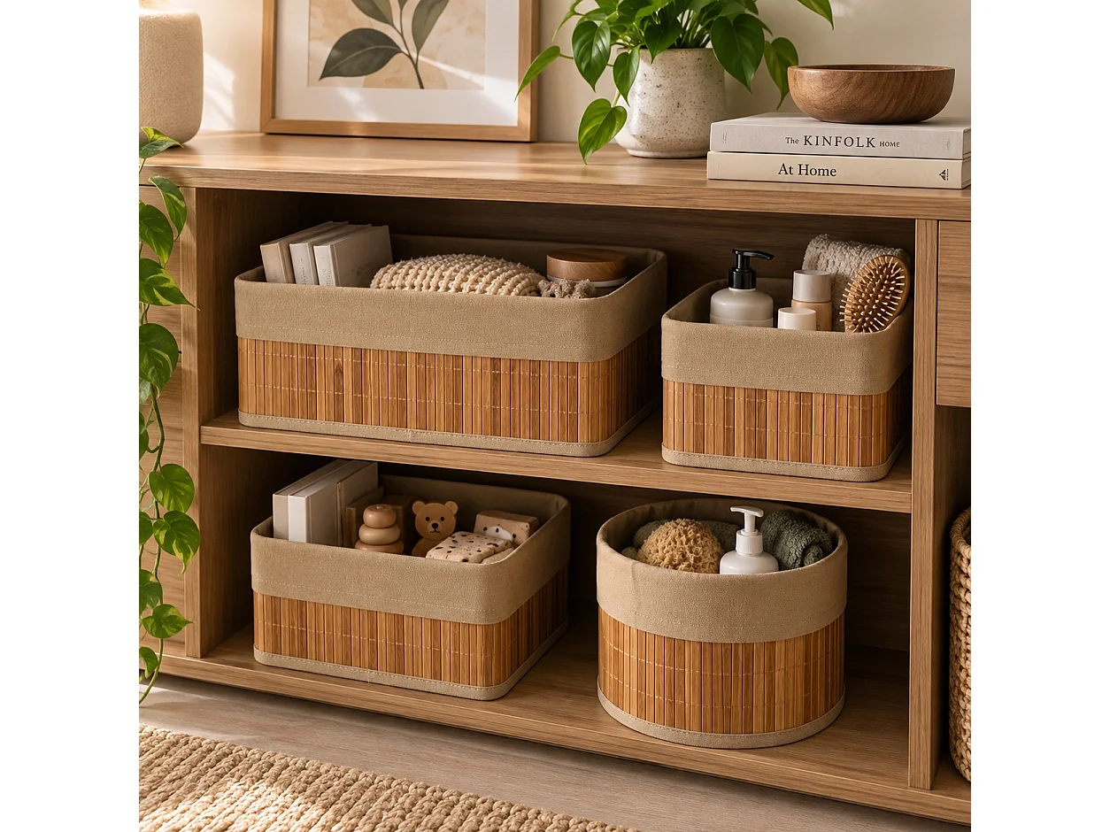 Lot de 4 Paniers de Rangement Multiformes en Bambou et Tissu Marron,Corbeilles Multi-Usages Décoratives