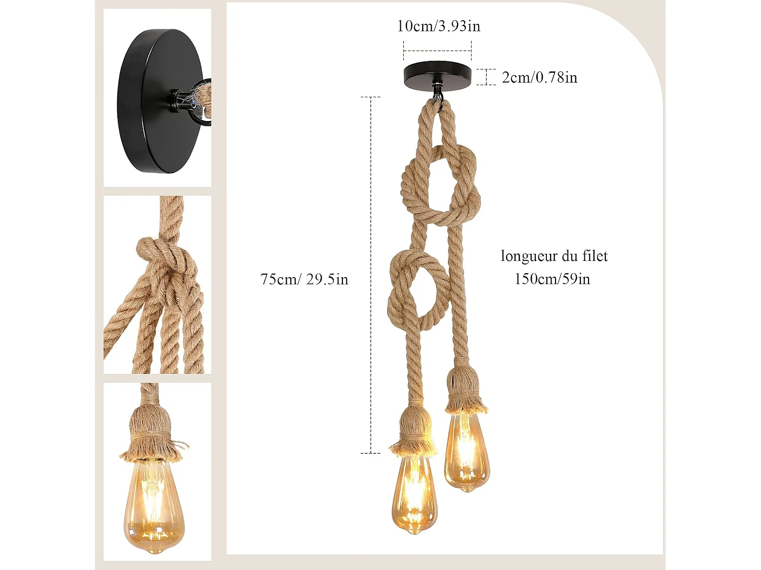 Suspension Haobosic Rope - 2 douilles de 1,5 m - Douille E27 - Sans ampoule