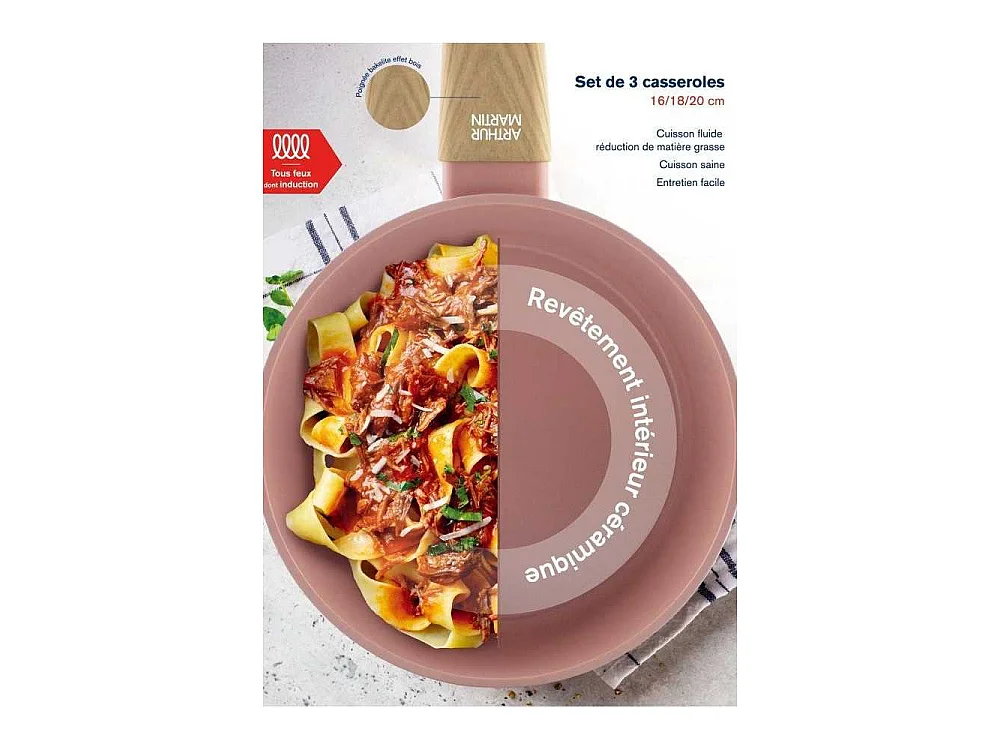 Set de 3 casseroles - Tous feux dont induction - ARTHUR MARTIN - AM0702 - Revetement céramique - Ø 16-18-20 cm - Rose