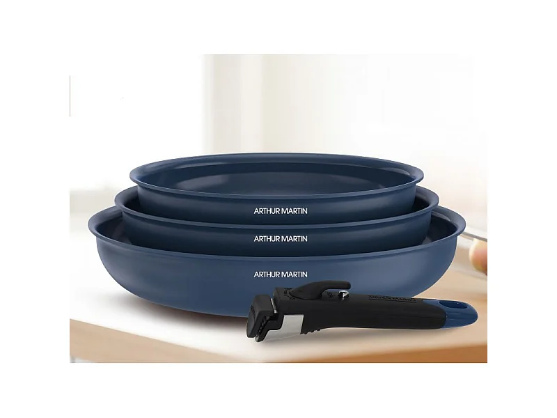 Set de 3 poêles 20-24-28 cm poignée amovible Bleu Arthur Martin AM2033