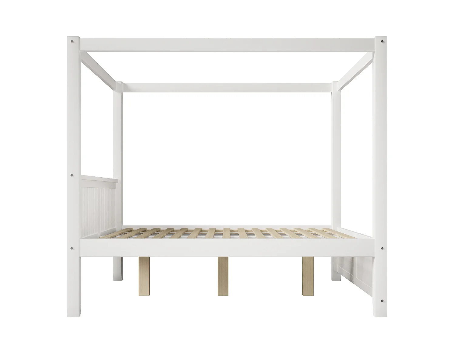 Lit à quatre colonnes, avec cadre supérieur décoratif et persiennes verticales à la tête et au pied du lit, blanc - 140 x 200 cm