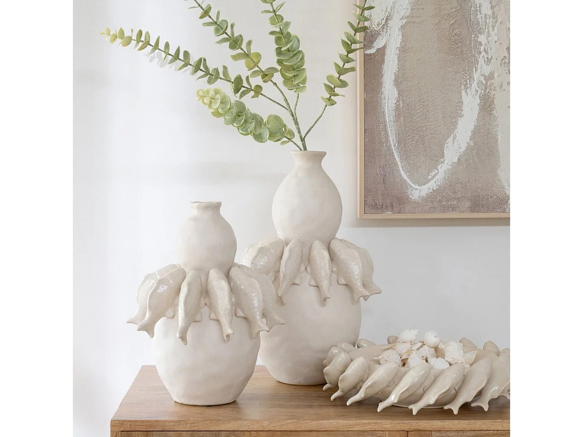 Vase Poisson en Porcelaine "Kraken" 39cm Blanc Cassé