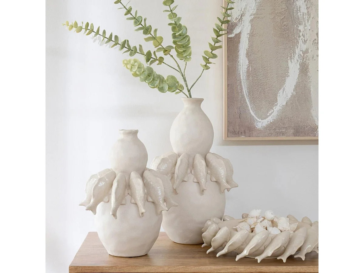 Vase Poisson en Porcelaine "Kraken" 32cm Blanc Cassé