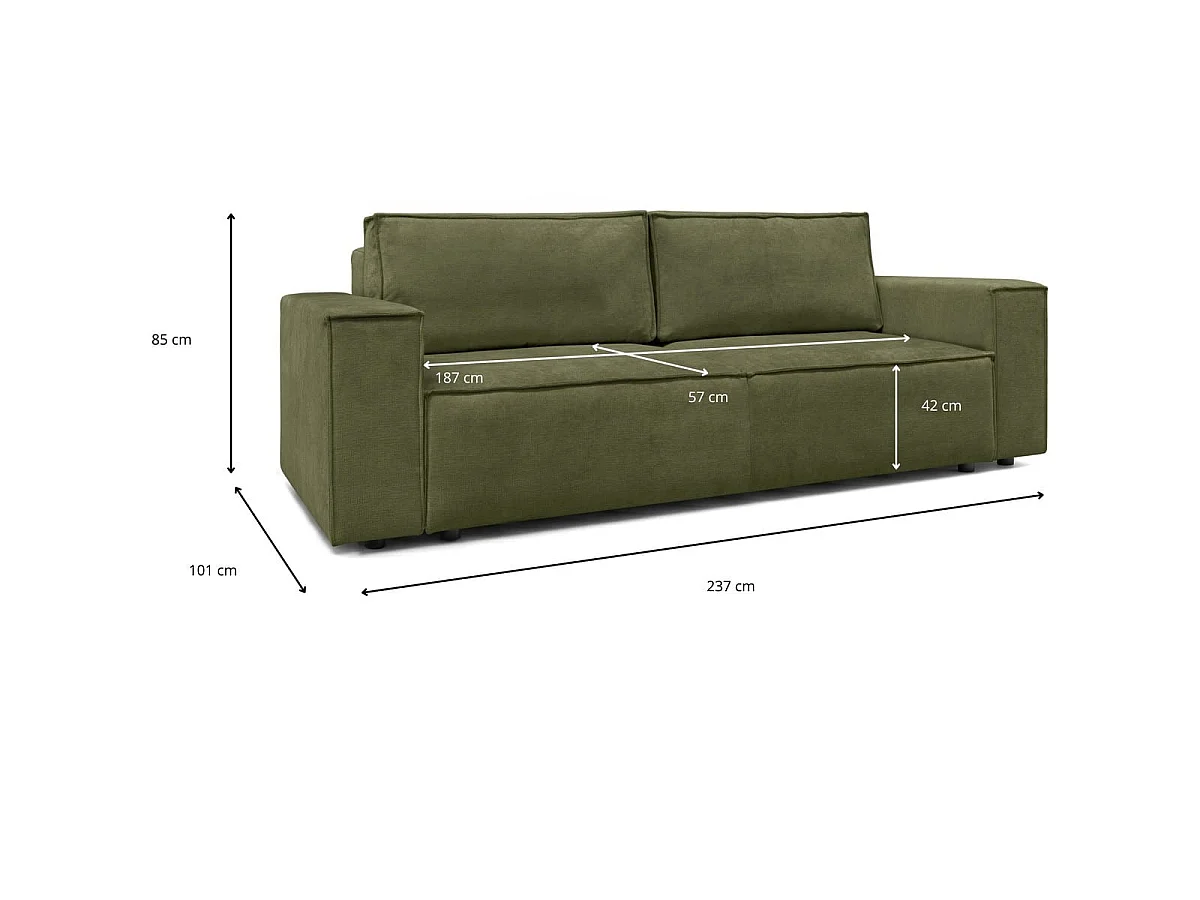 Canapé convertible 3 places avec coffre de rangement en tissu chenille vert olive - Harper