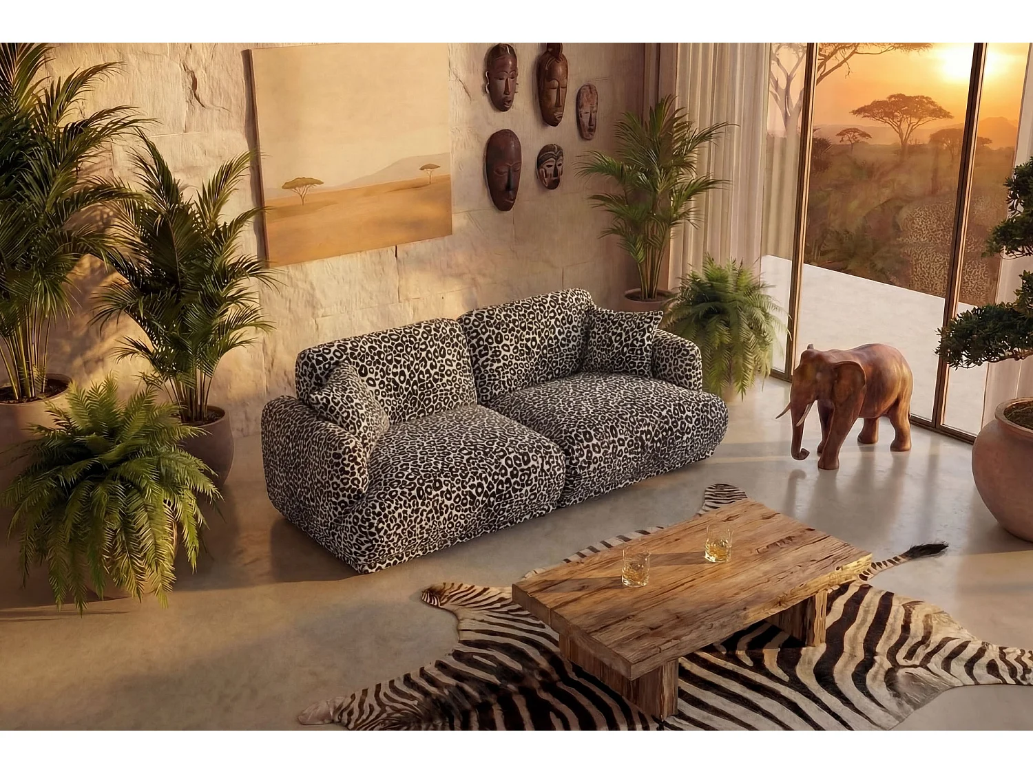 ROSALIE - Canapé droit tissu imprimé animalier 2 places Blanc
