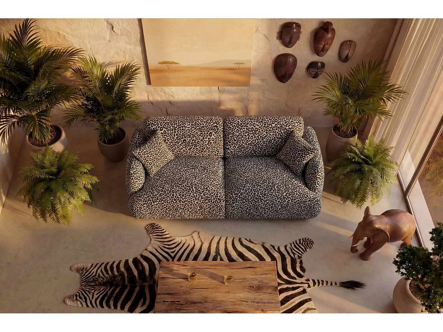 ROSALIE - Canapé droit tissu imprimé animalier 2 places Blanc