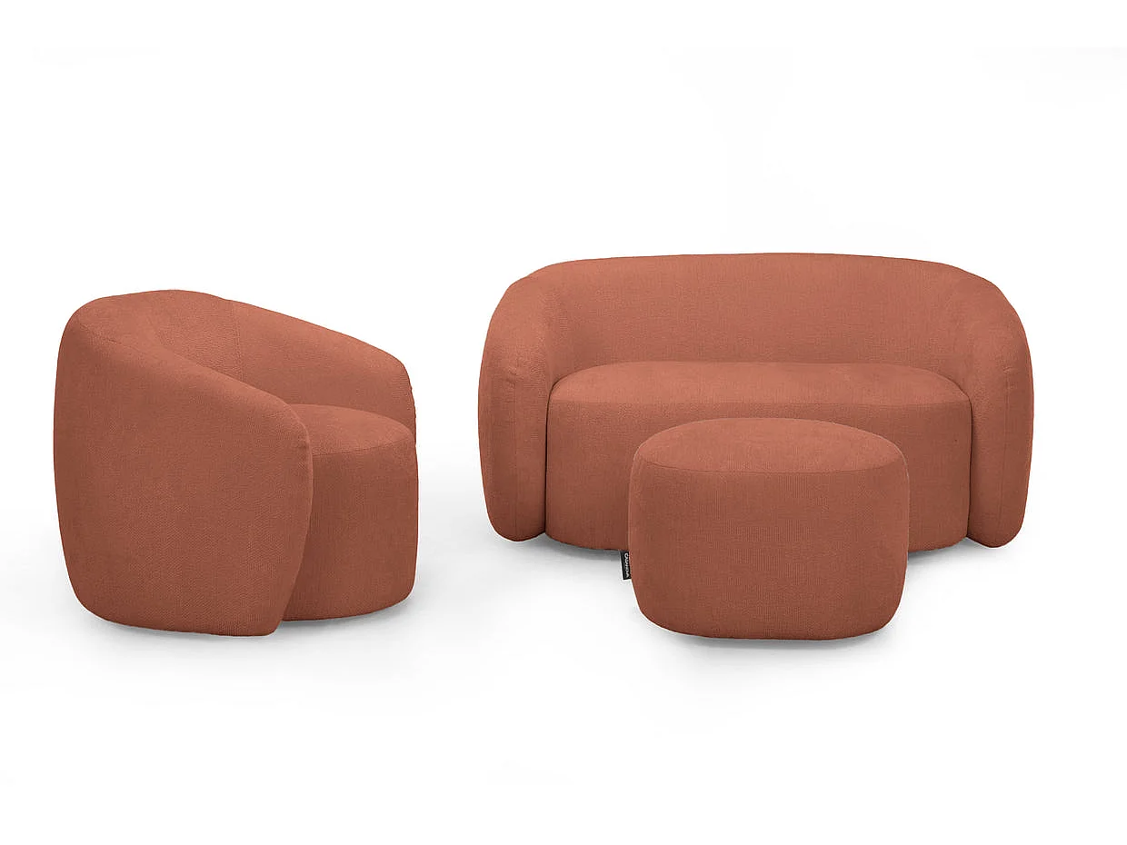 AURELIE - Pack 2-zits rechte bank + fauteuil + stoffen poef - Terracotta