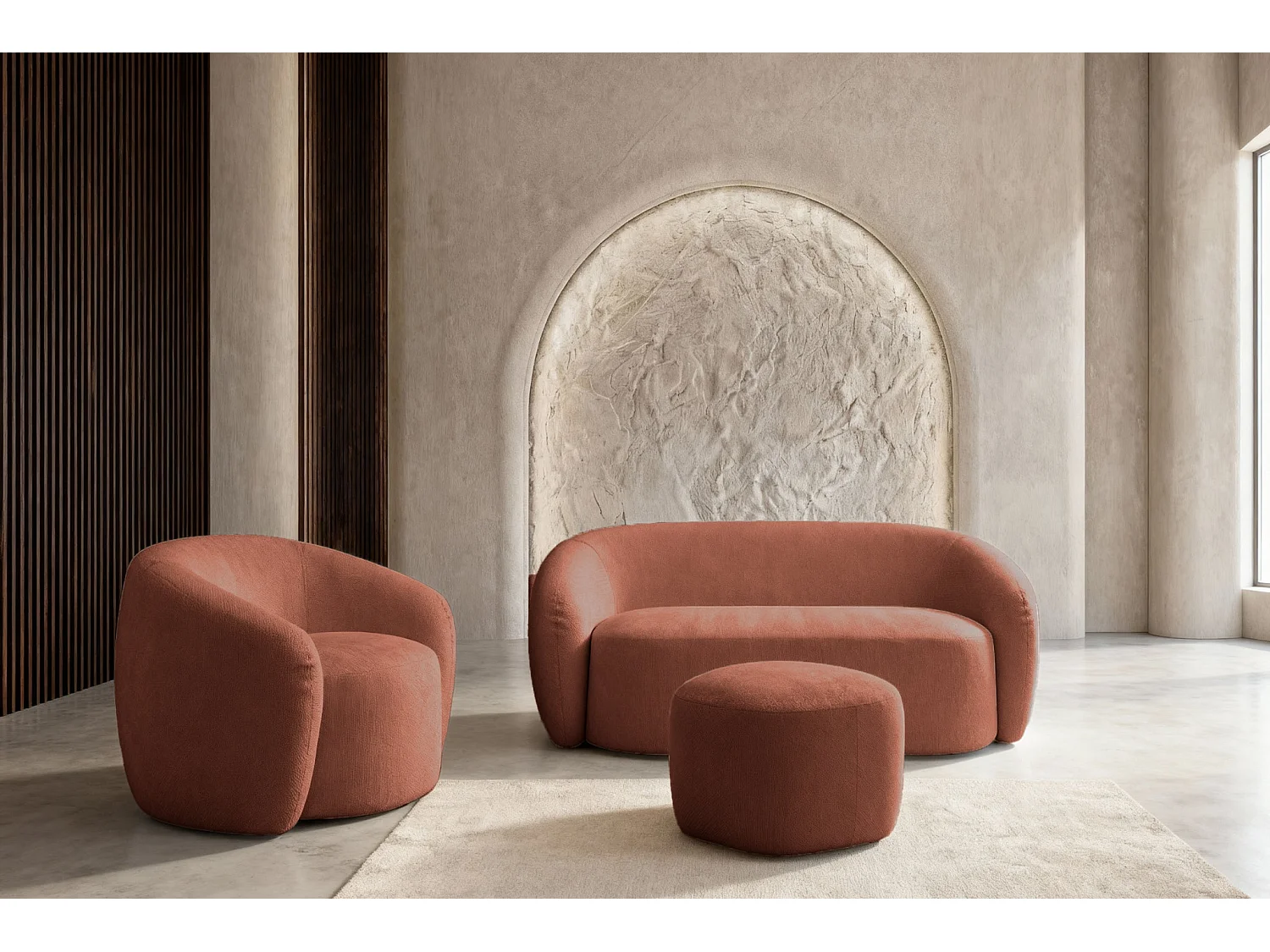 AURELIE - Pack 2-zits rechte bank + fauteuil + stoffen poef - Terracotta