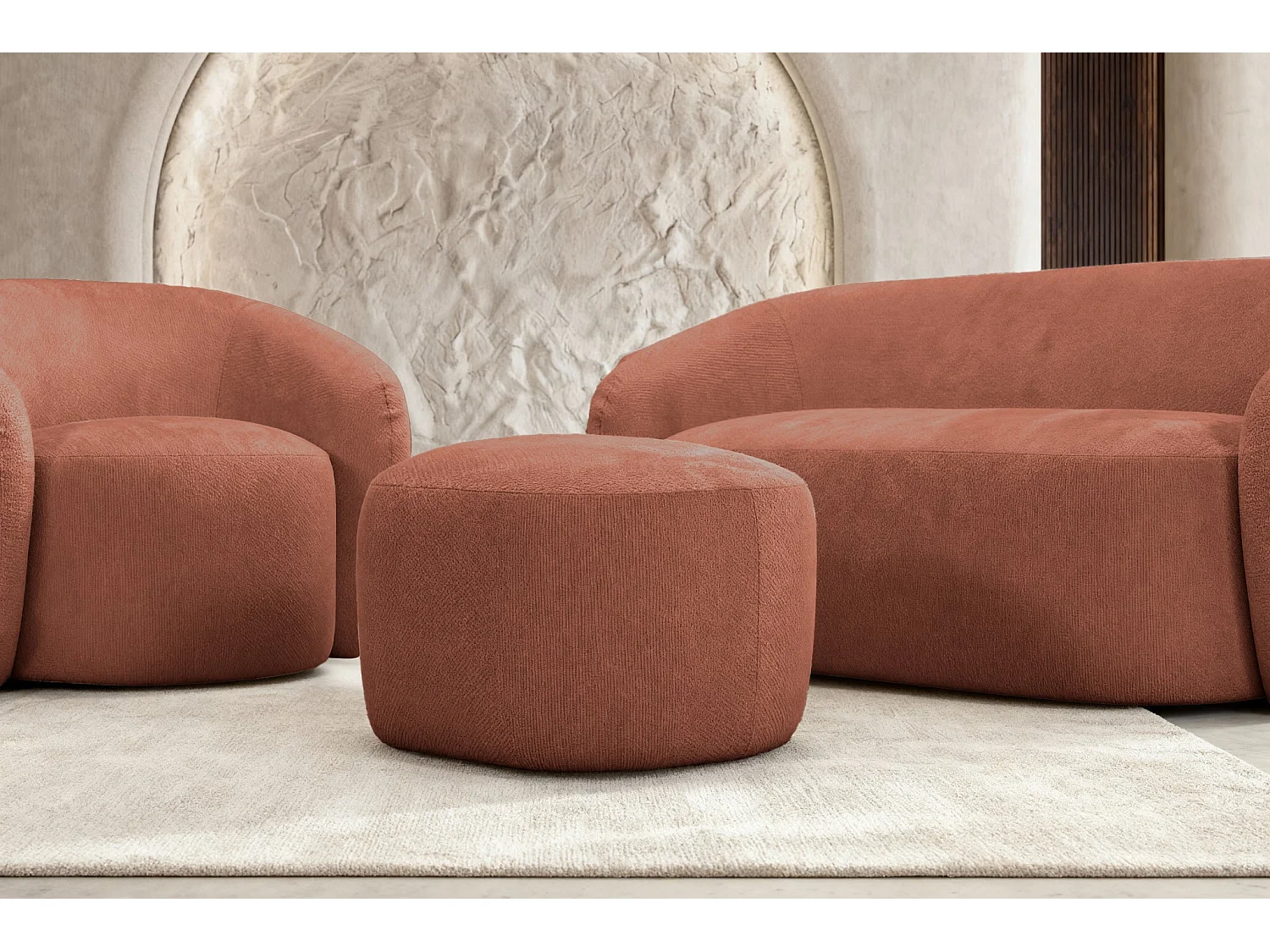 AURELIE - Pack 2-zits rechte bank + fauteuil + stoffen poef - Terracotta