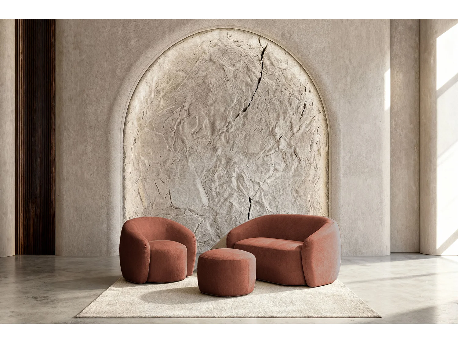 AURELIE - Pack 2-zits rechte bank + fauteuil + stoffen poef - Terracotta