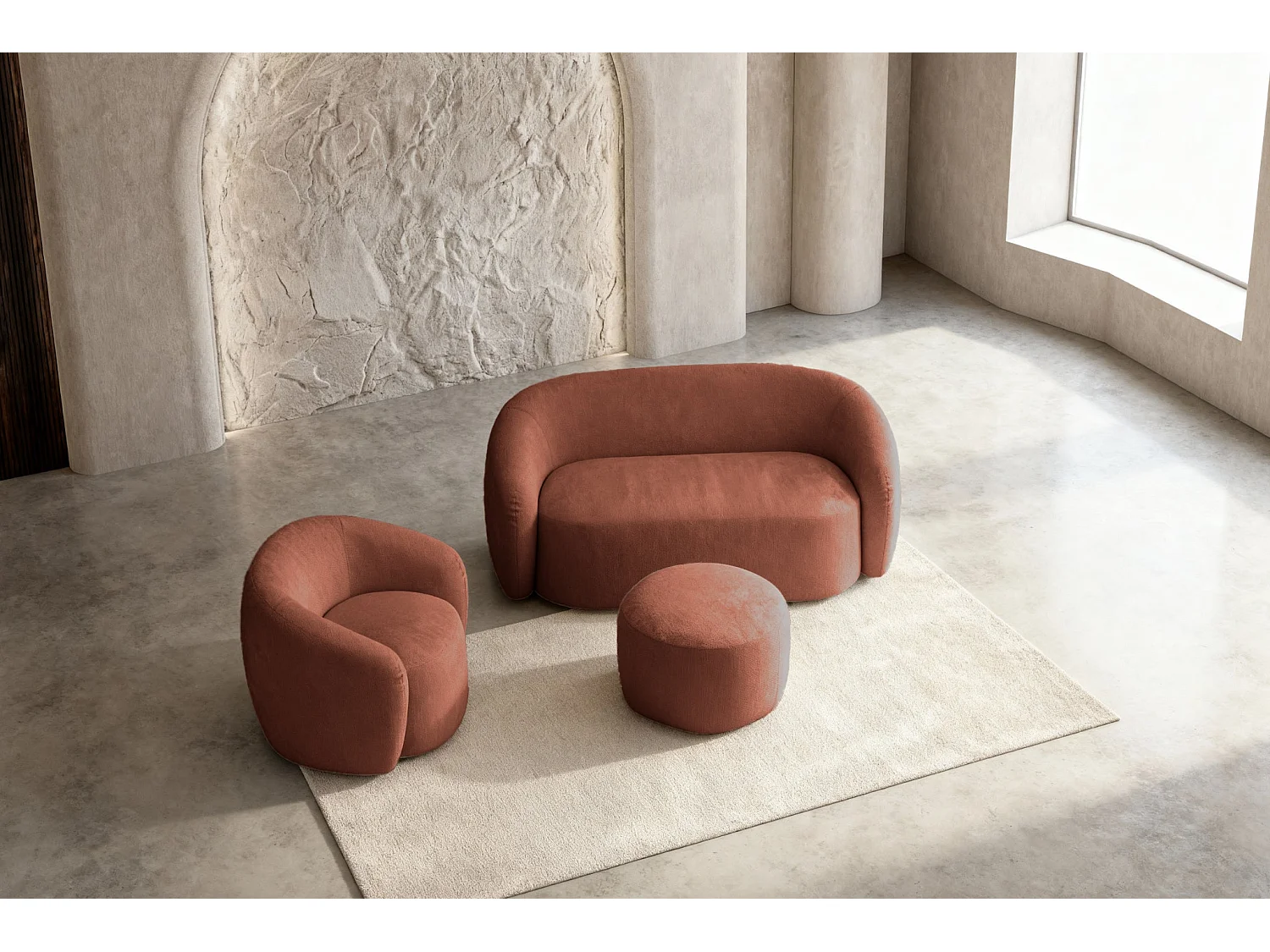 AURELIE - Pack 2-zits rechte bank + fauteuil + stoffen poef - Terracotta