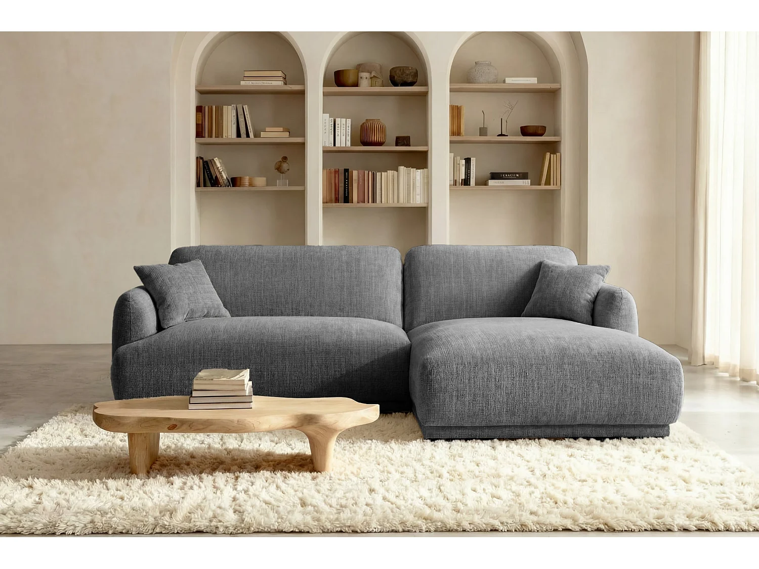 ROSALIE - Canapé d'angle tissu chenille 3 places Gris foncé Droit