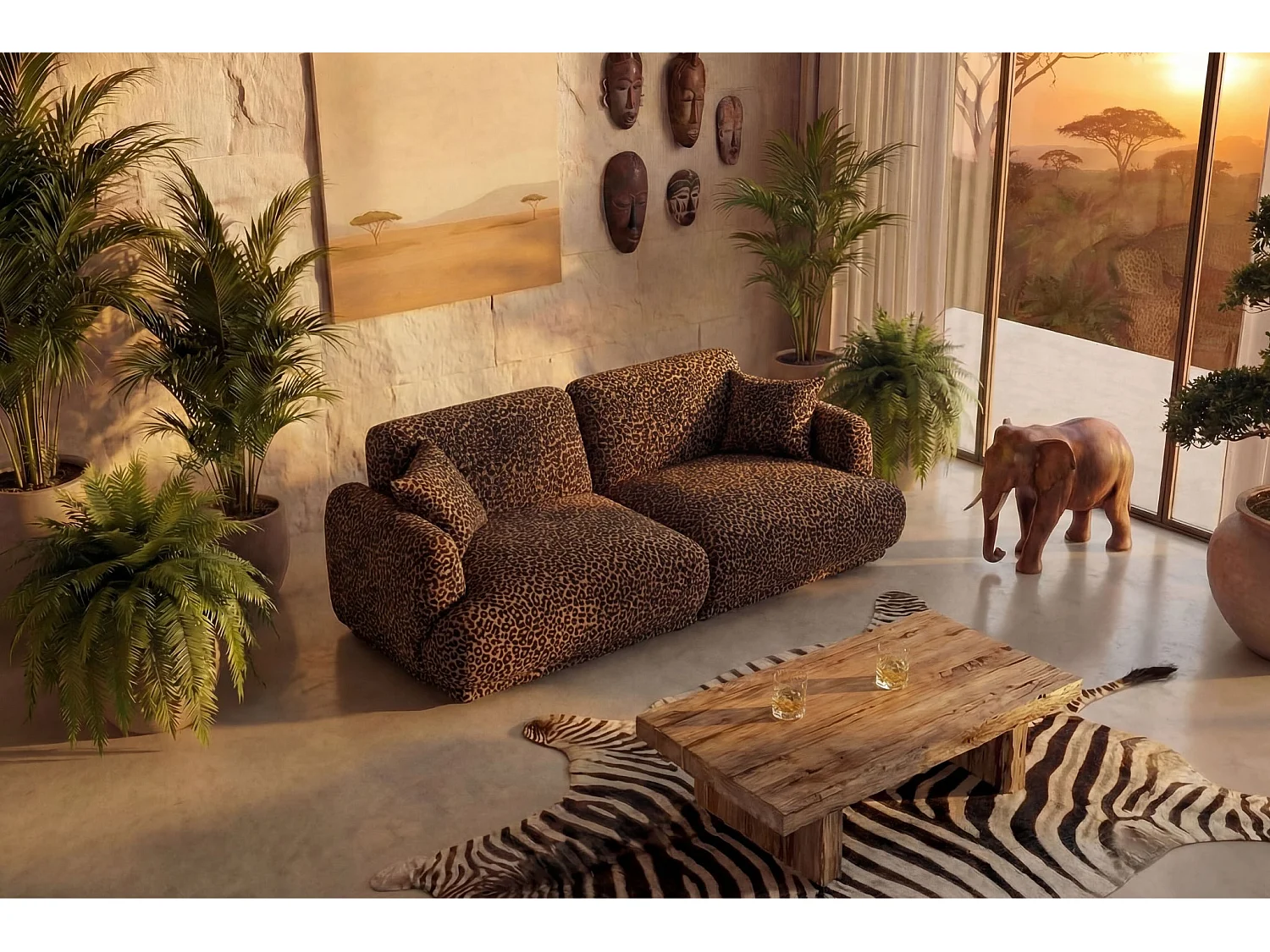 ROSALIE - Canapé droit tissu imprimé animalier 2 places Terracotta