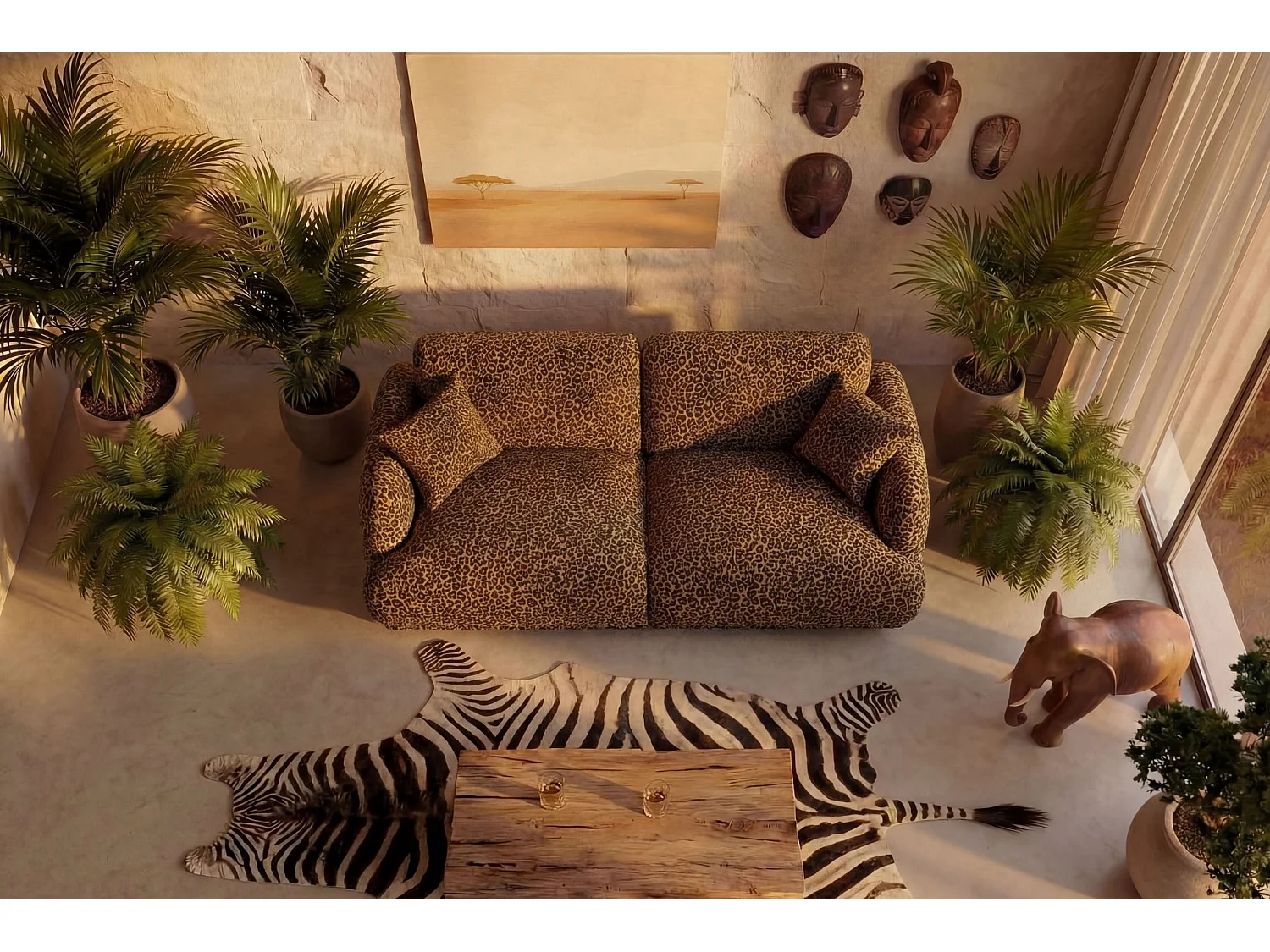 ROSALIE - Canapé droit tissu imprimé animalier 2 places Terracotta