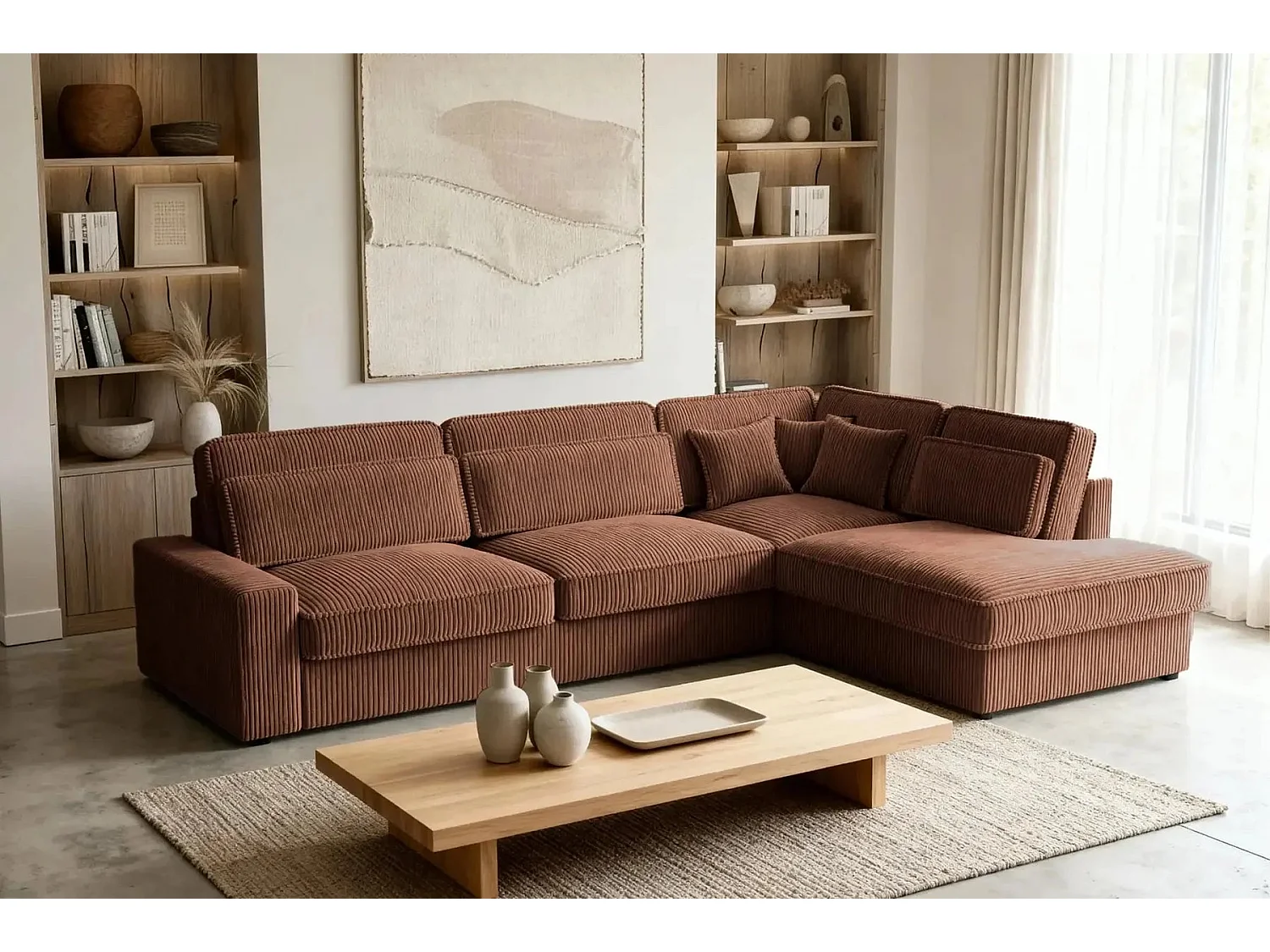MILAN L - 5-zits corduroy hoekbank - Links - Terracotta