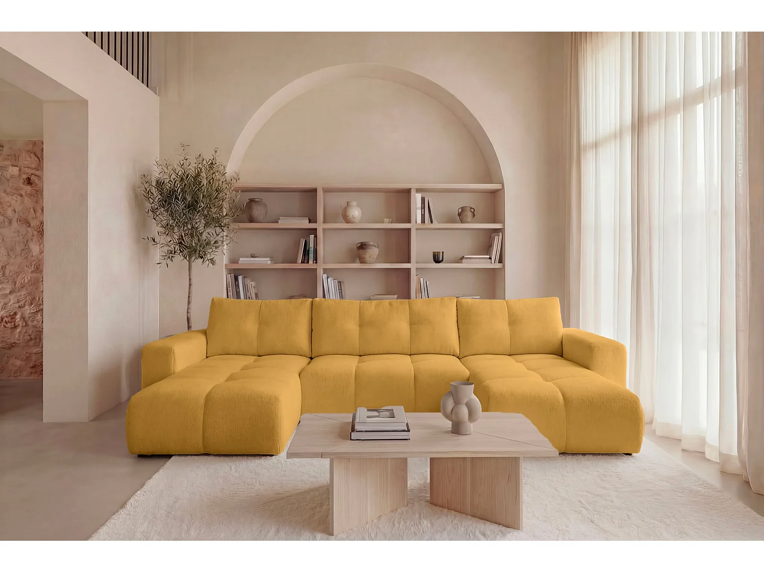 CONSTANCE - 5-zits panoramische slaapbank in chenille stof - Mustard