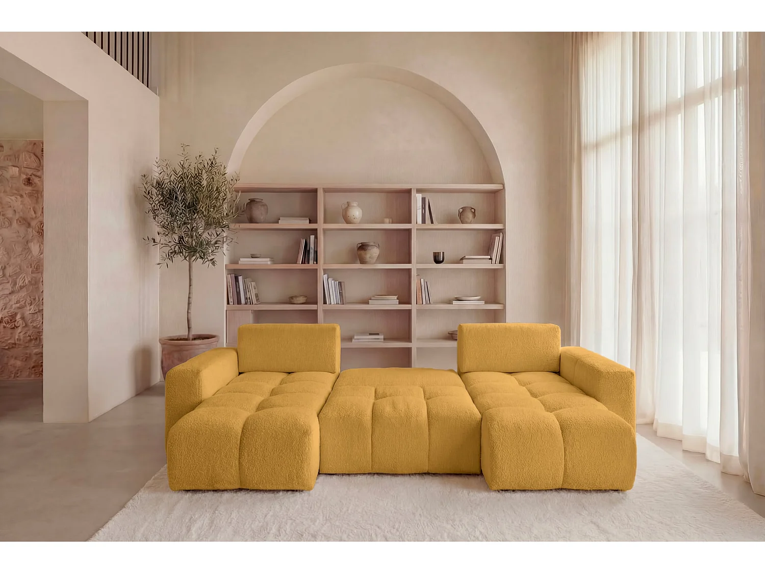 CONSTANCE - 5-zits panoramische slaapbank in chenille stof - Mustard