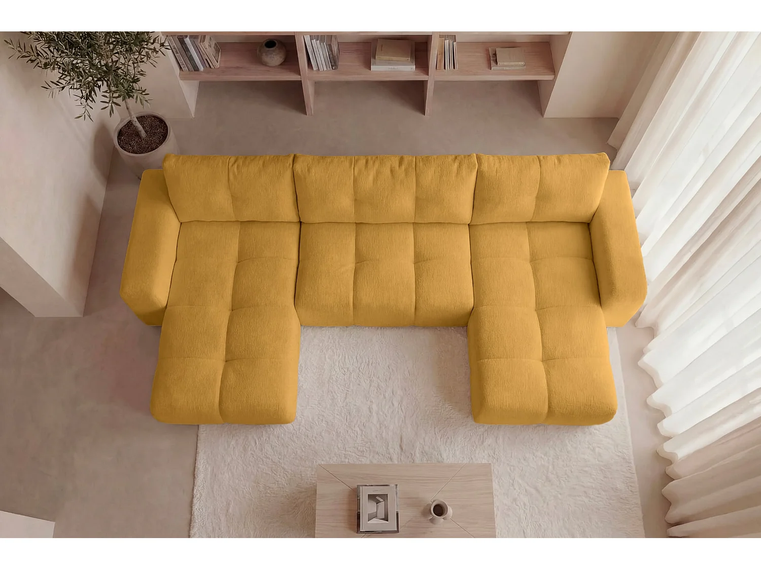 CONSTANCE - 5-zits panoramische slaapbank in chenille stof - Mustard