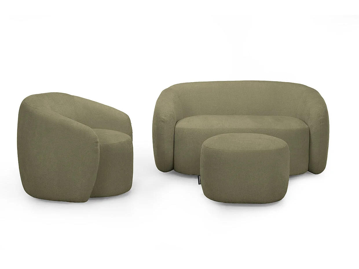 AURELIE - Pack 2-zits rechte bank + fauteuil + stoffen poef - Groen
