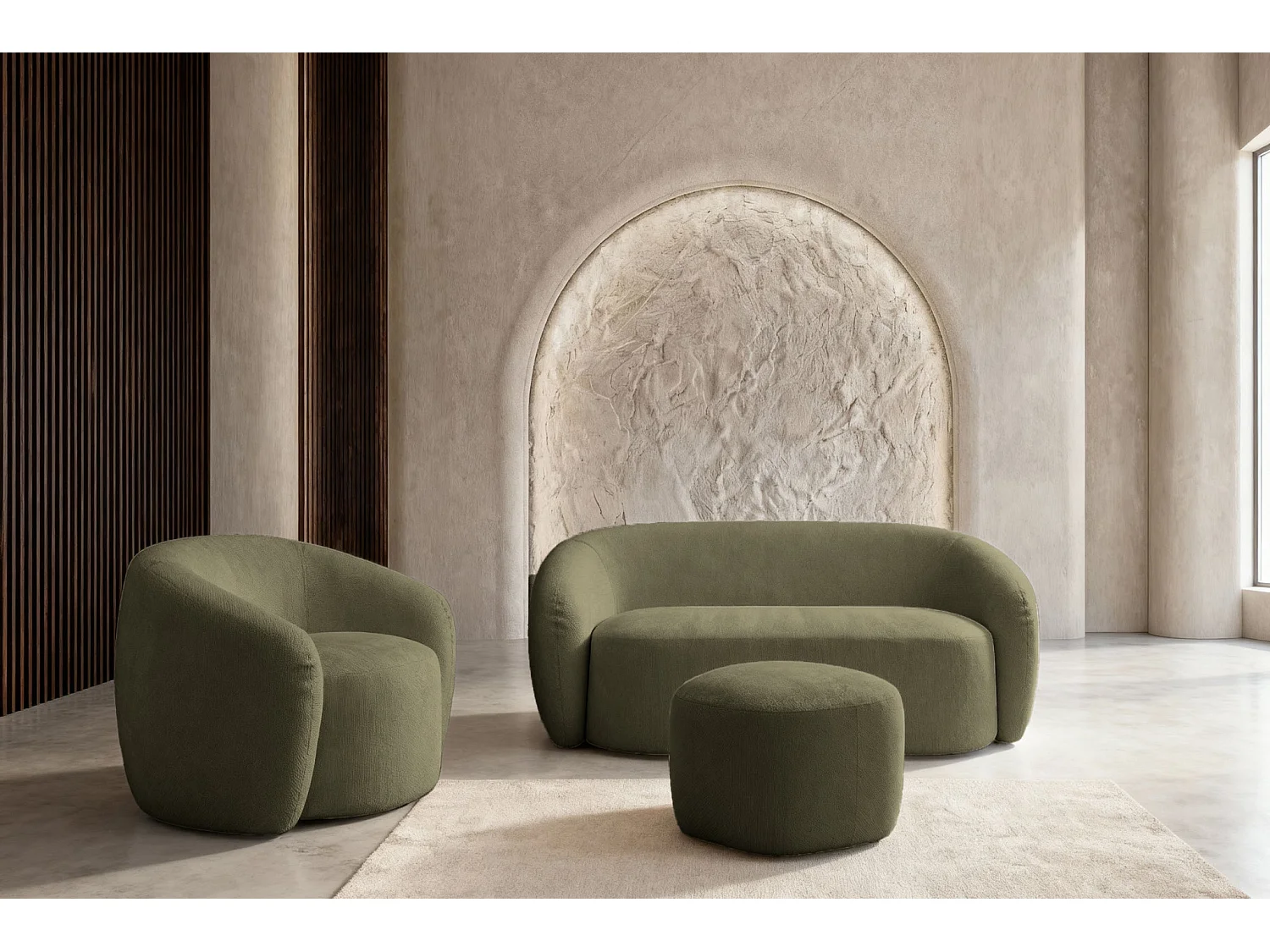 AURELIE - Pack 2-zits rechte bank + fauteuil + stoffen poef - Groen