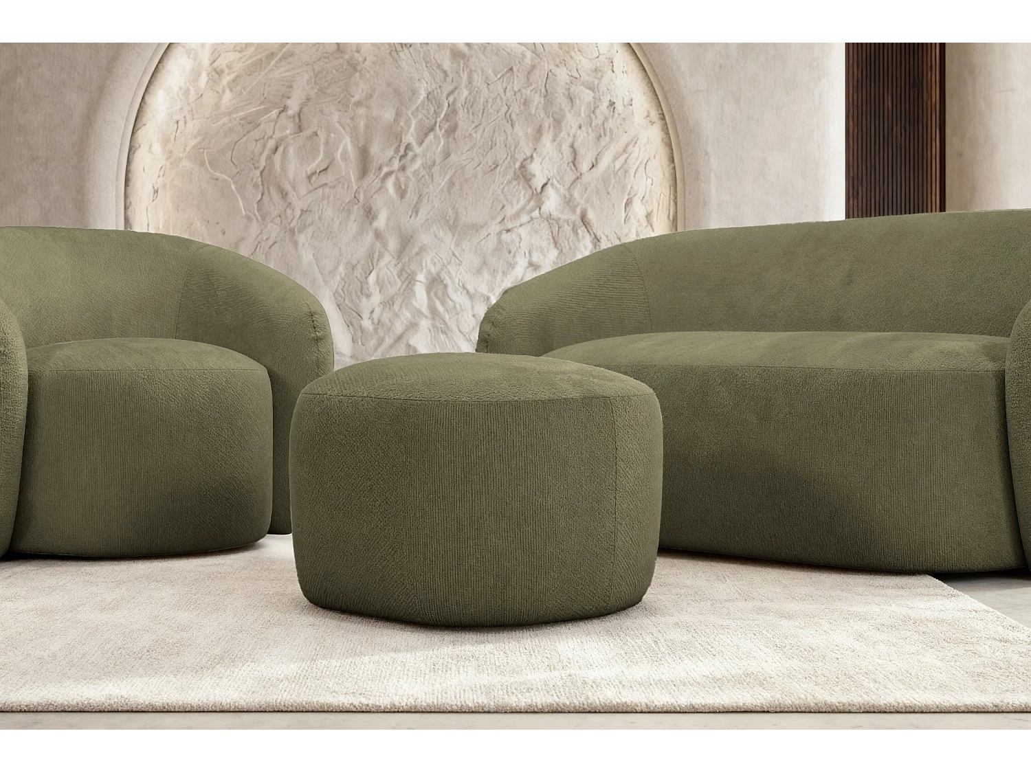 AURELIE - Pack 2-zits rechte bank + fauteuil + stoffen poef - Groen