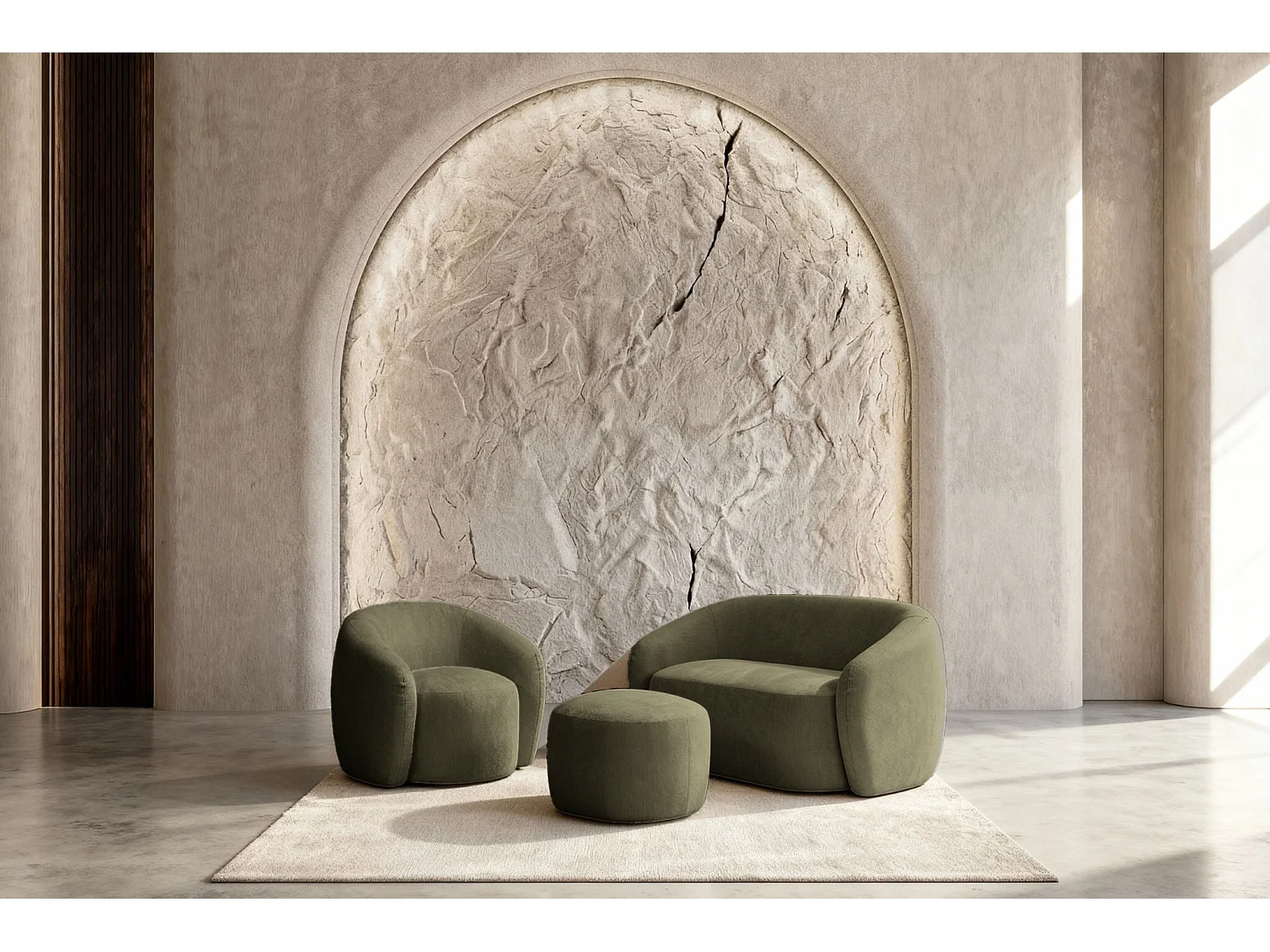 AURELIE - Pack 2-zits rechte bank + fauteuil + stoffen poef - Groen