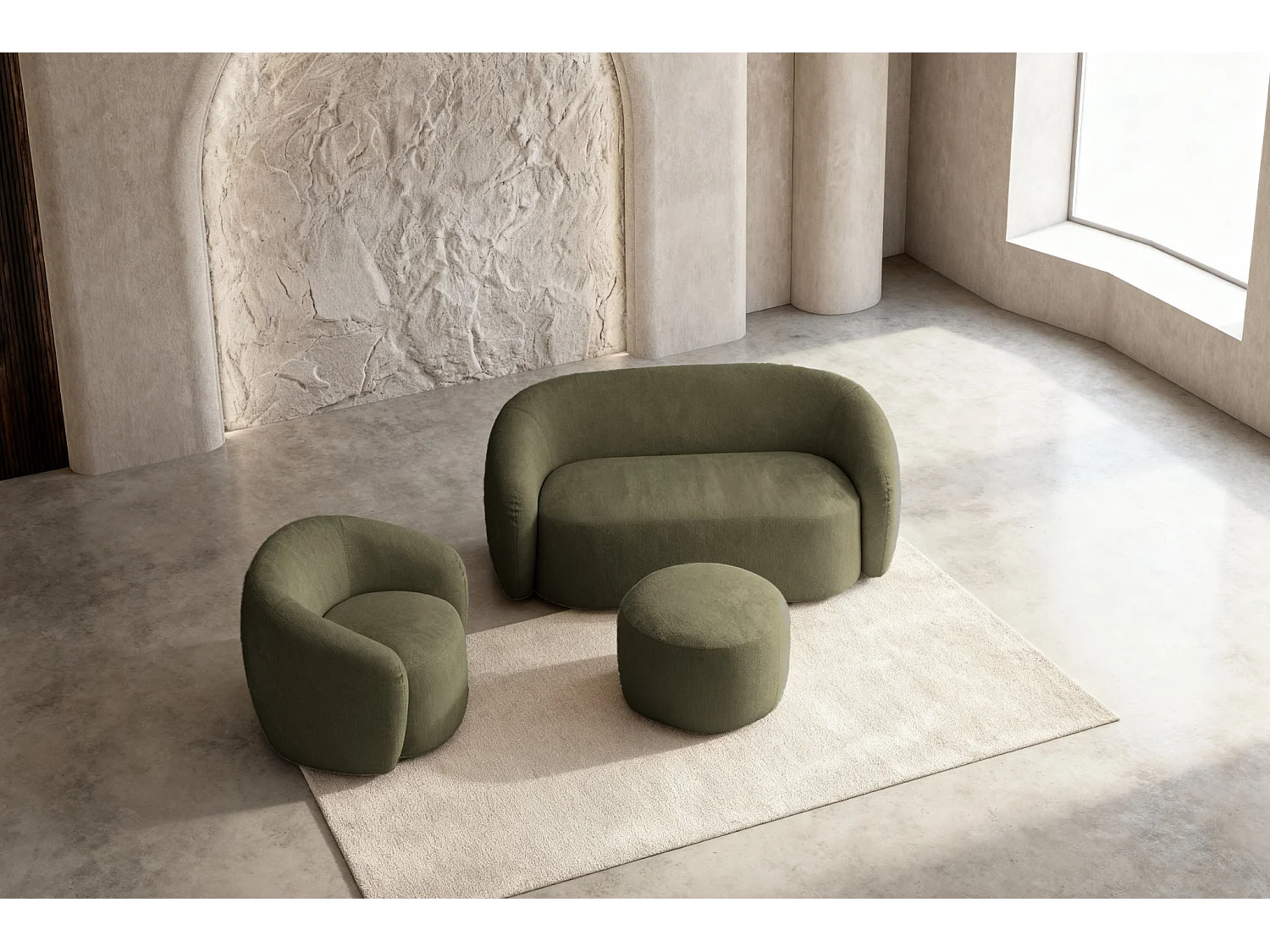 AURELIE - Pack 2-zits rechte bank + fauteuil + stoffen poef - Groen