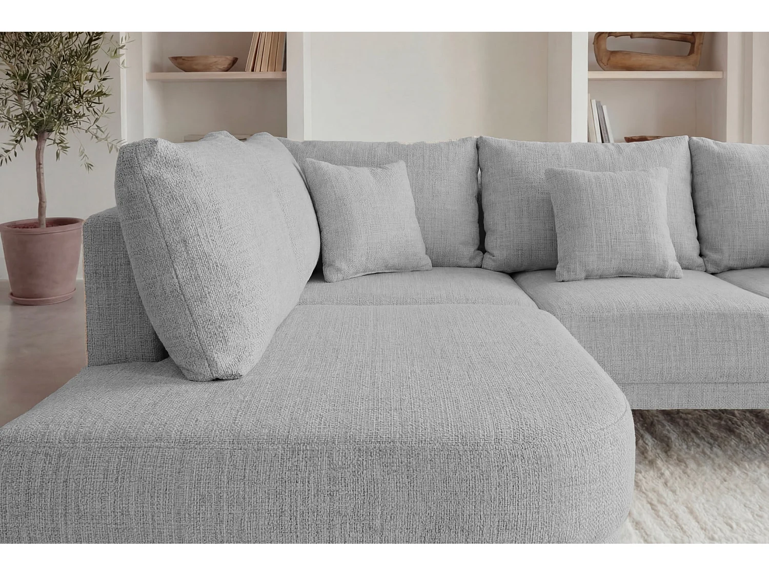 BIANCA - Canapé d'angle tissu chenille 4 places Gris clair Droit