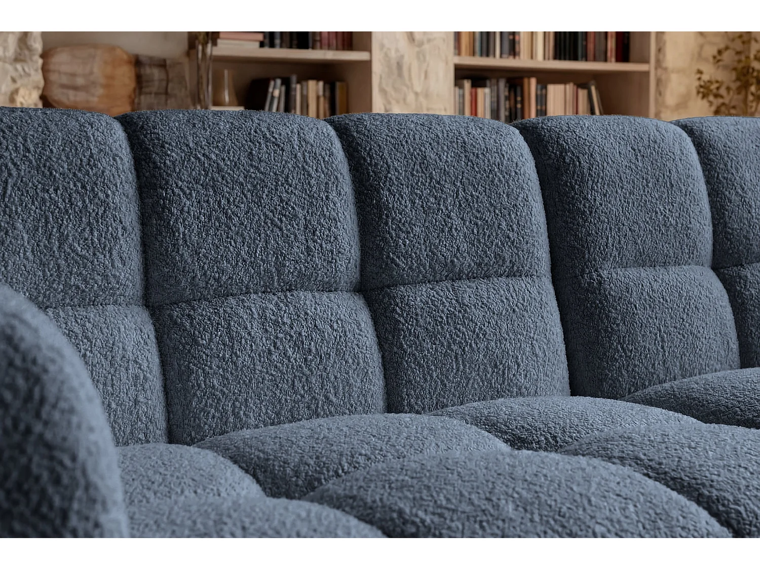 ALEXIA MINI - Bouclette stoffen hoekbank, 3 zits links - Blauw