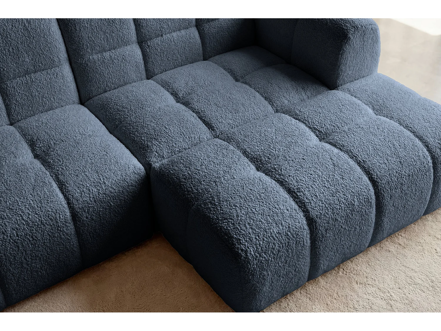 ALEXIA MINI - Bouclette stoffen hoekbank, 3 zits links - Blauw