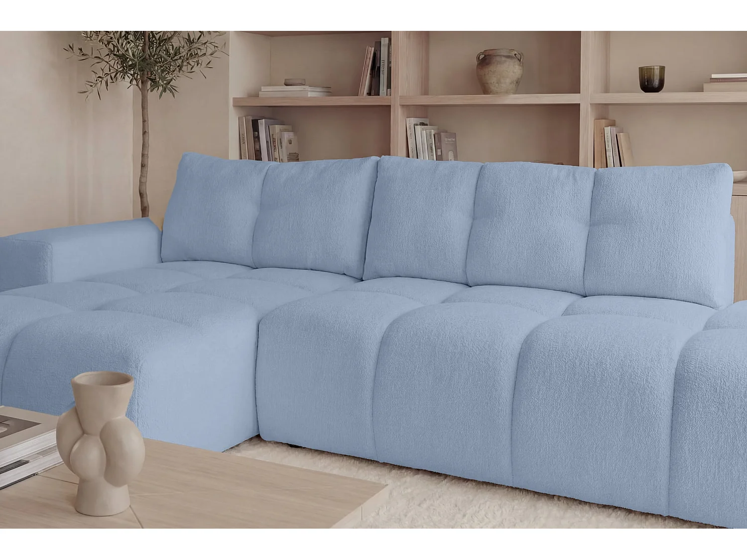 CONSTANCE - 4-zits hoekbank in chenille stof - Lichtblauw