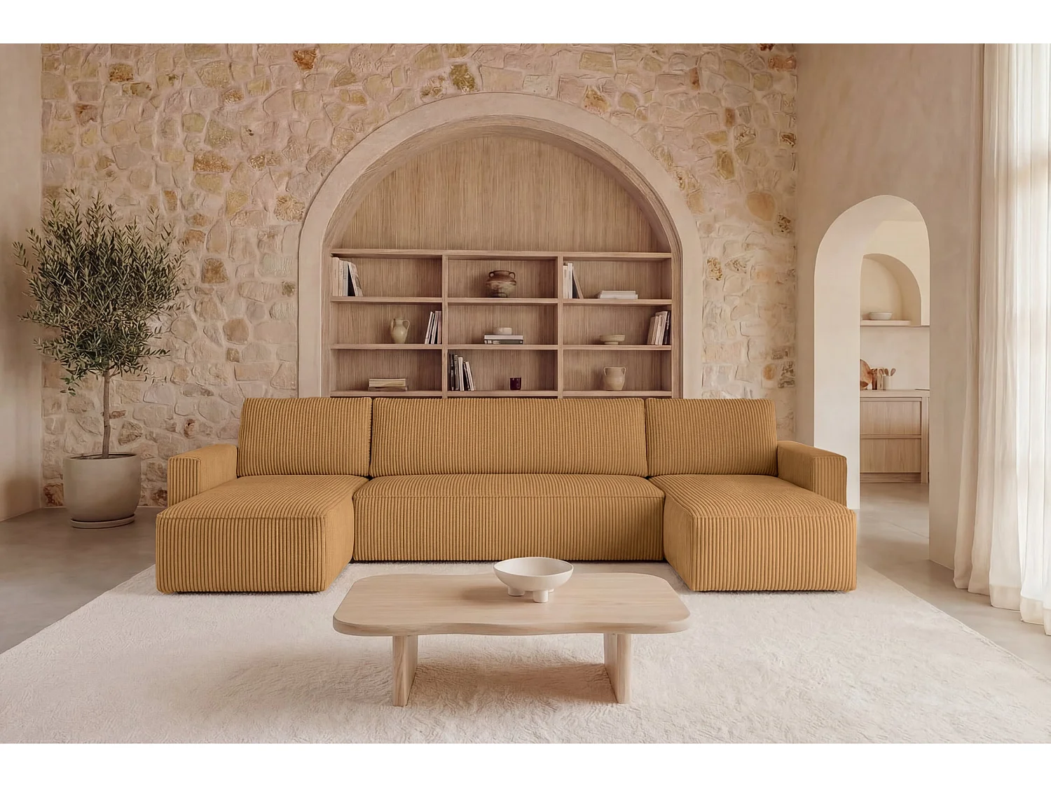 MAURIE - 5-zits kleine panoramische corduroy slaapbank - Mustard