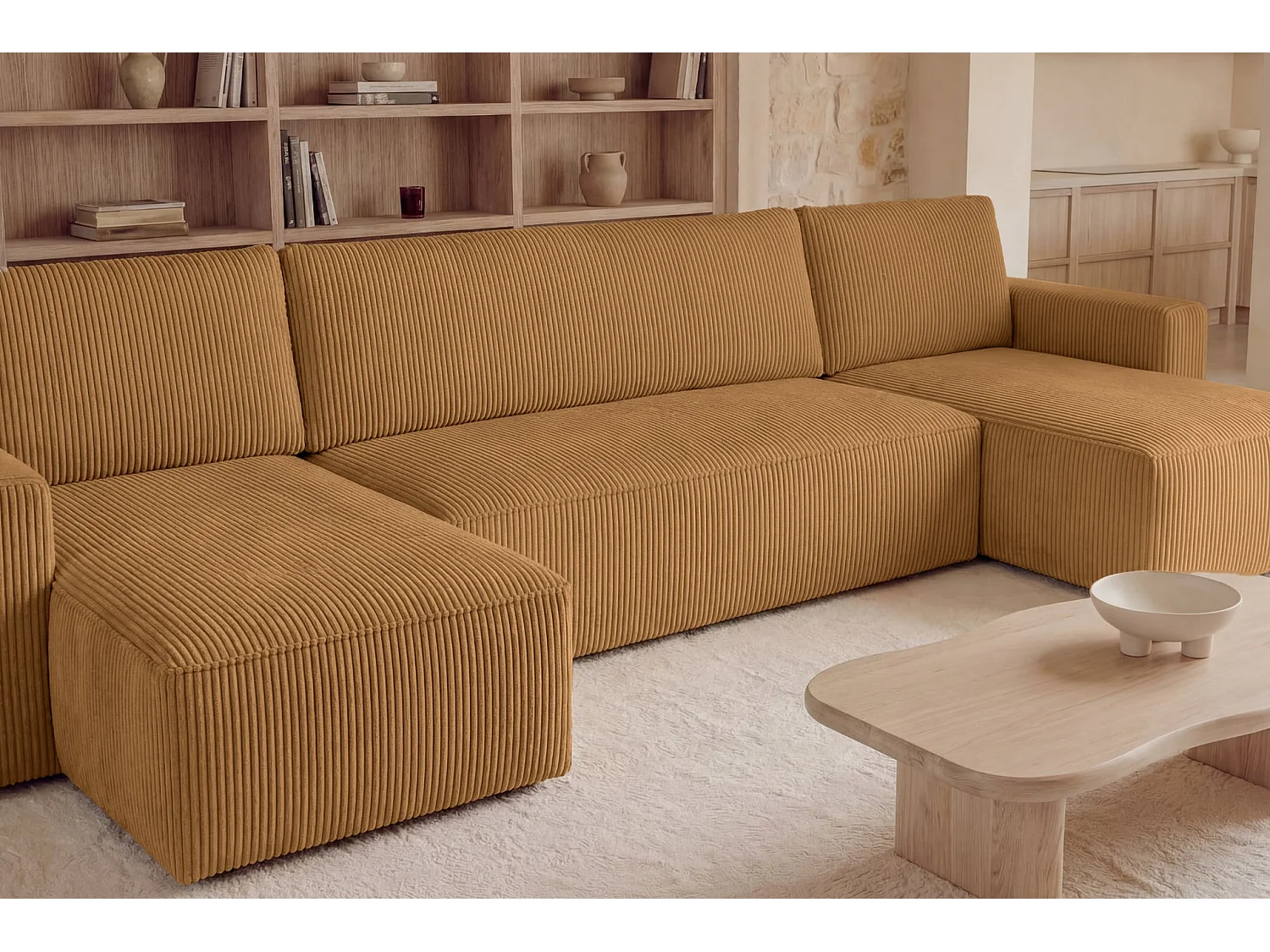 MAURIE - 5-zits kleine panoramische corduroy slaapbank - Mustard