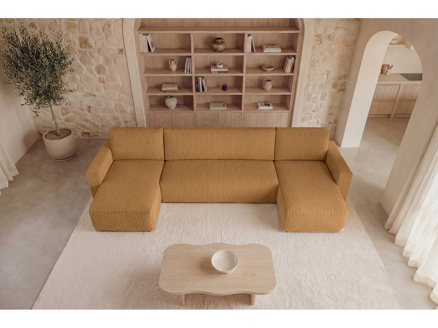 MAURIE - 5-zits kleine panoramische corduroy slaapbank - Mustard