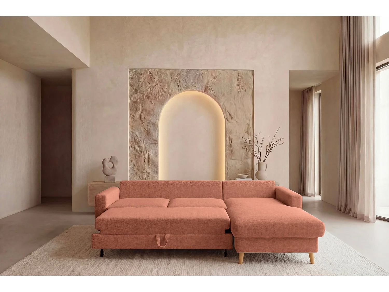 GASPARD - 4-zits hoekbank in bouclette stof - Terracotta