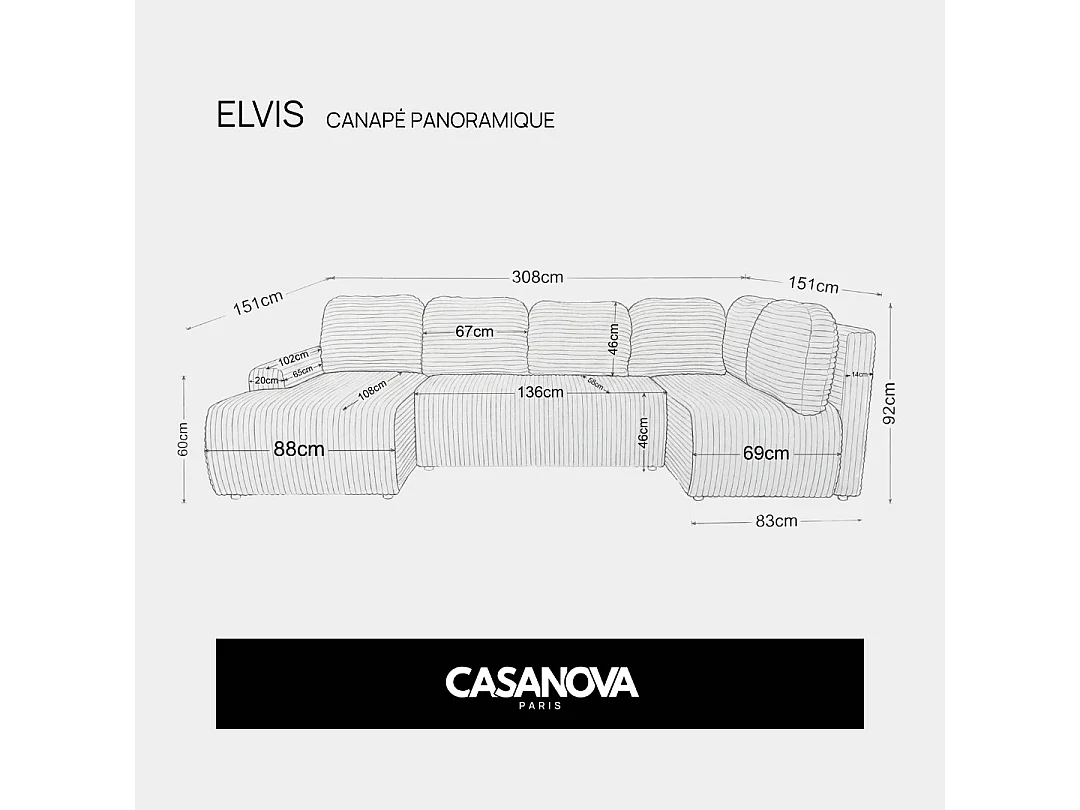ELVIS - Canapé panoramique gros velours côtelé 5 places Gauche Gris foncé