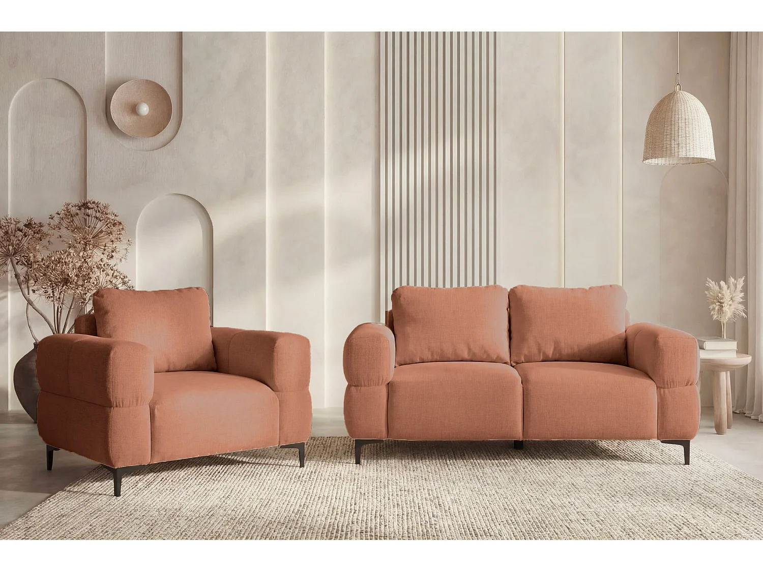 ELTON - Canapé droit tissu lisse 2 places Terracotta