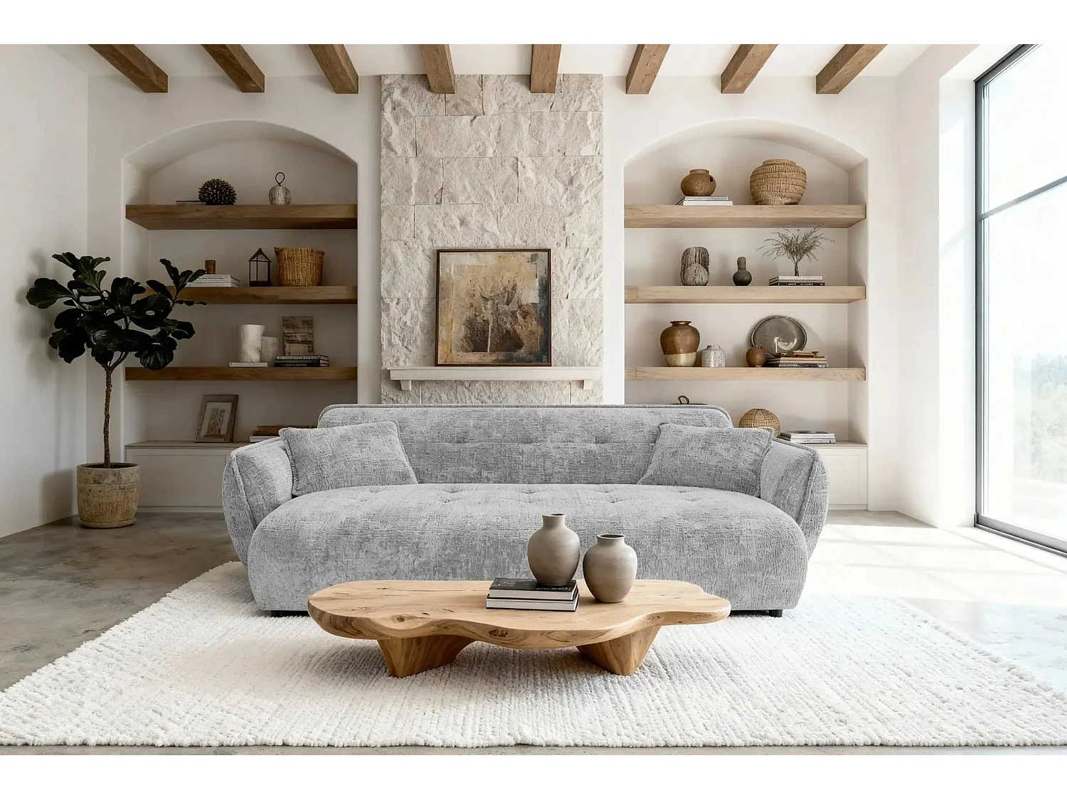 MONA - Canapé droit tissu chenille 3 places Gris clair
