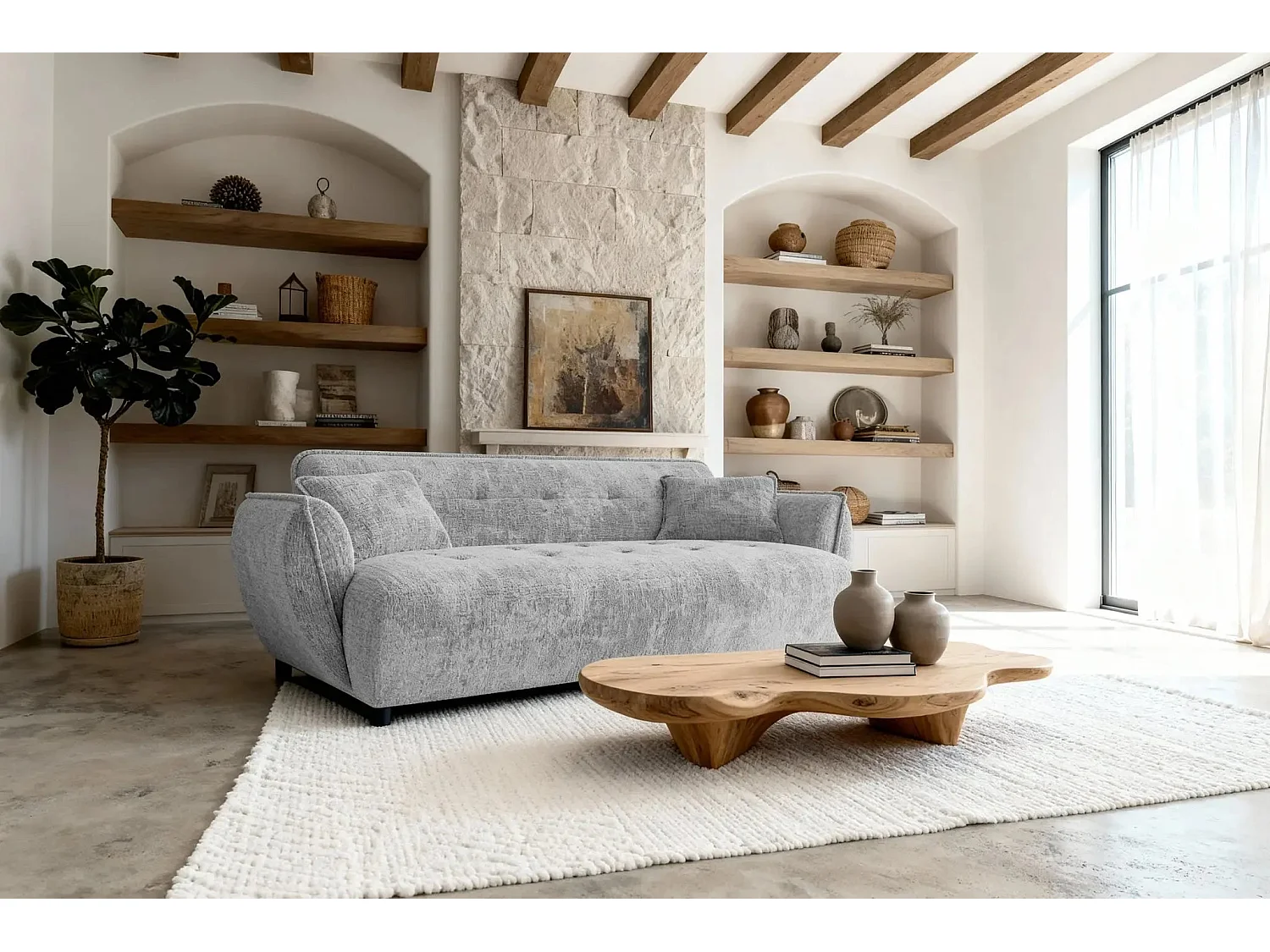 MONA - Canapé droit tissu chenille 3 places Gris clair