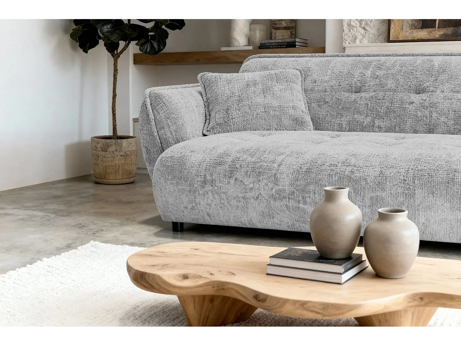 MONA - Canapé droit tissu chenille 3 places Gris clair